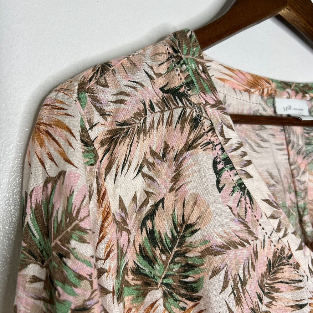J Jill Women's Love Linen Tropical Palm Print Top L Relaxed Fit Long Sleeve